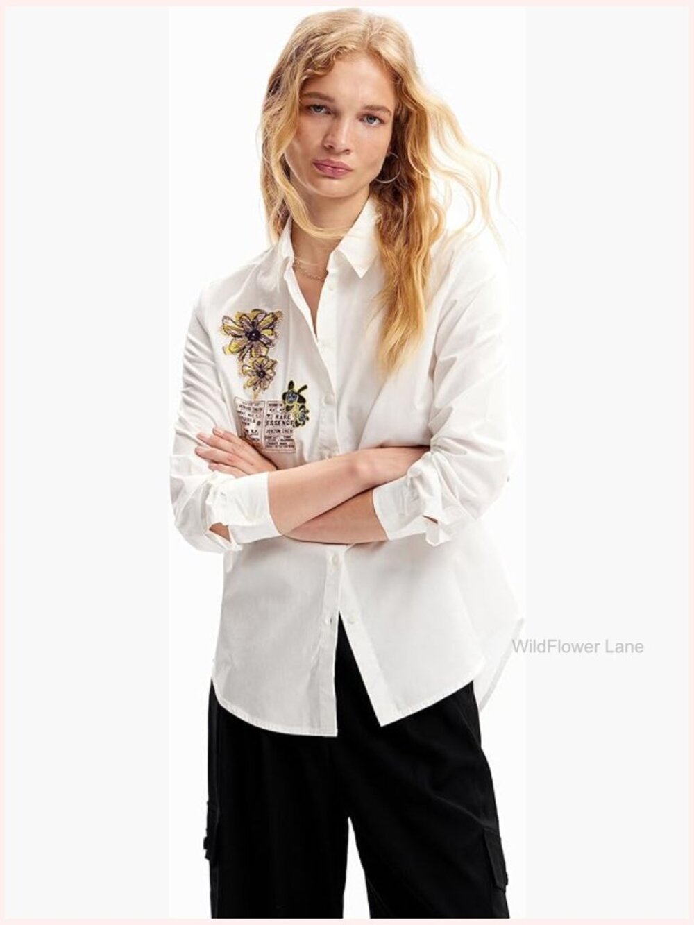 Long Sleeve Button Down Shirt with Newspaper Patches